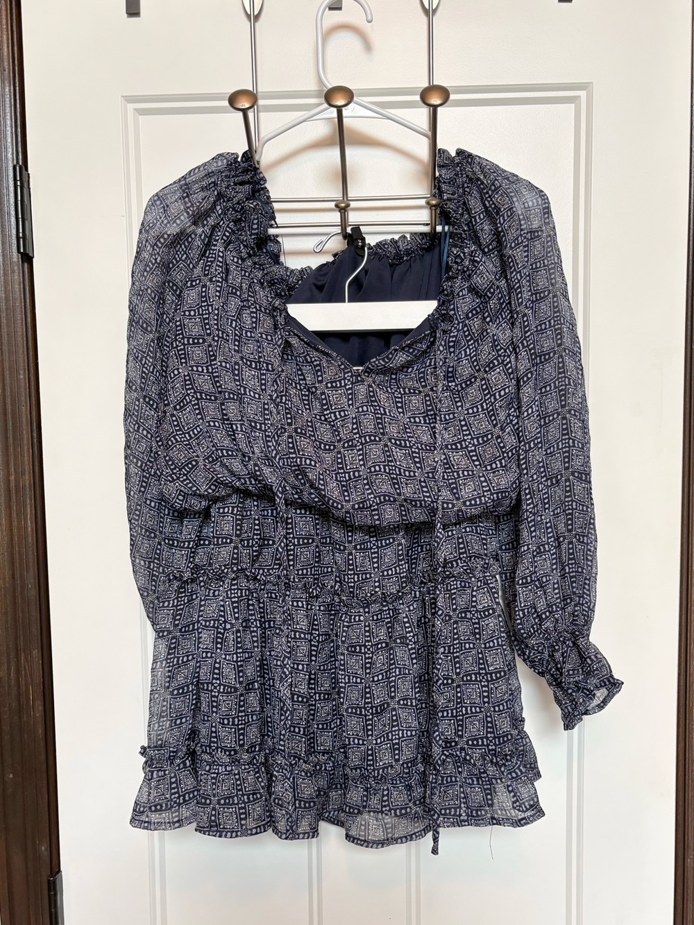 Blu Pepper Geometric Peasant Chiffon Crop Top Smock Skirt Set Navy Blue sz Large